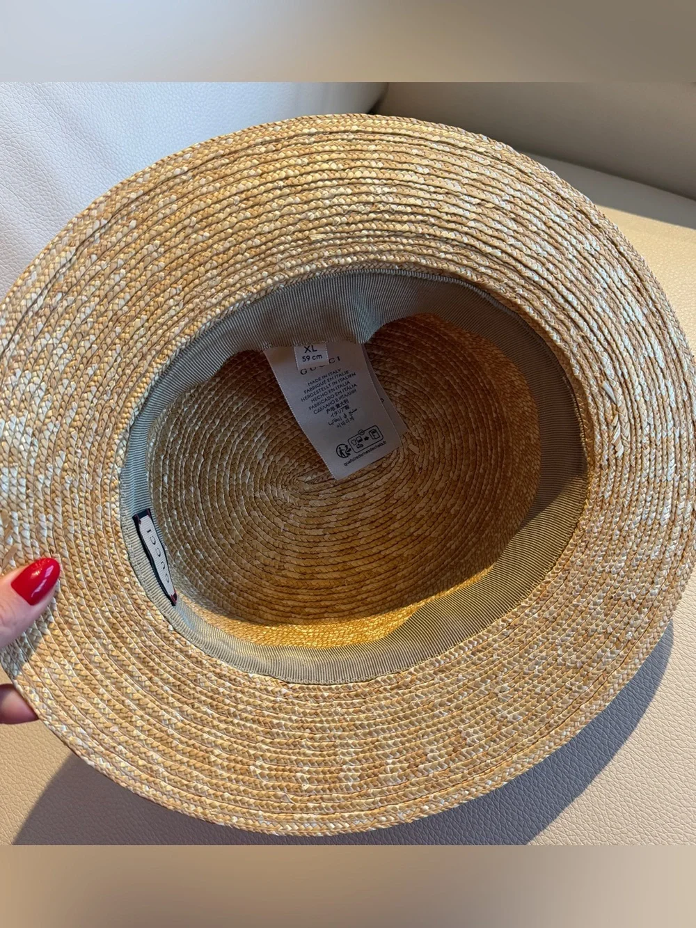 NEW Gucci Wide Brim Raffia Straw GG Ribbon White Hat XL 59 cm